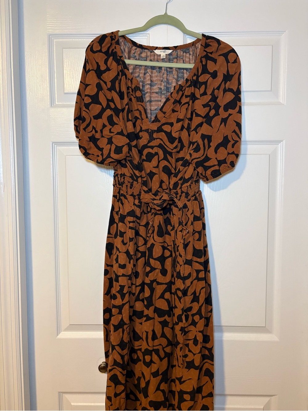 Brown Floral Print Puff-Sleeve Midi Dress
